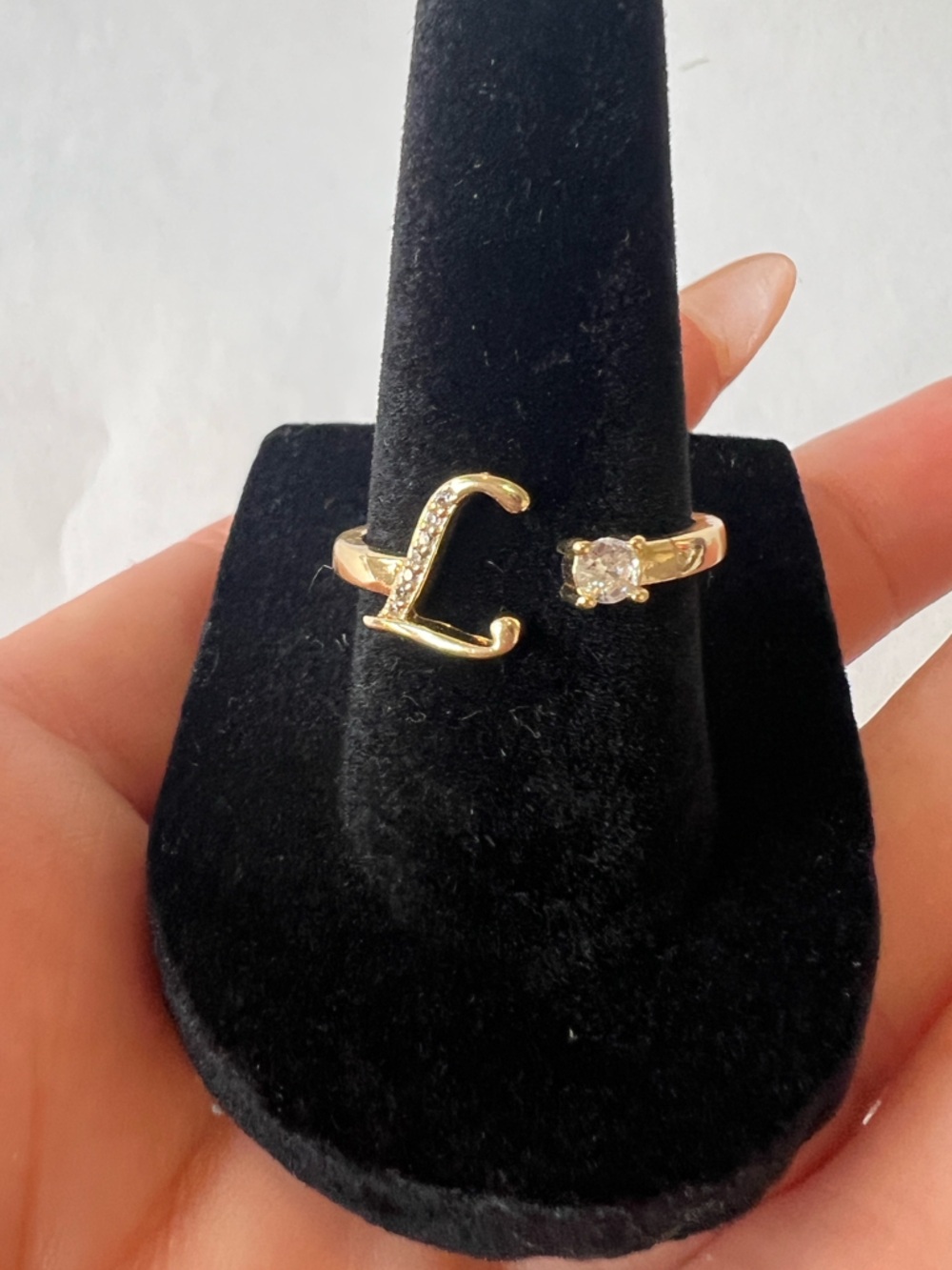Elegant 14k Gold Plated ‘L’ Initial Open Ring with Cubic Zirconia Accent